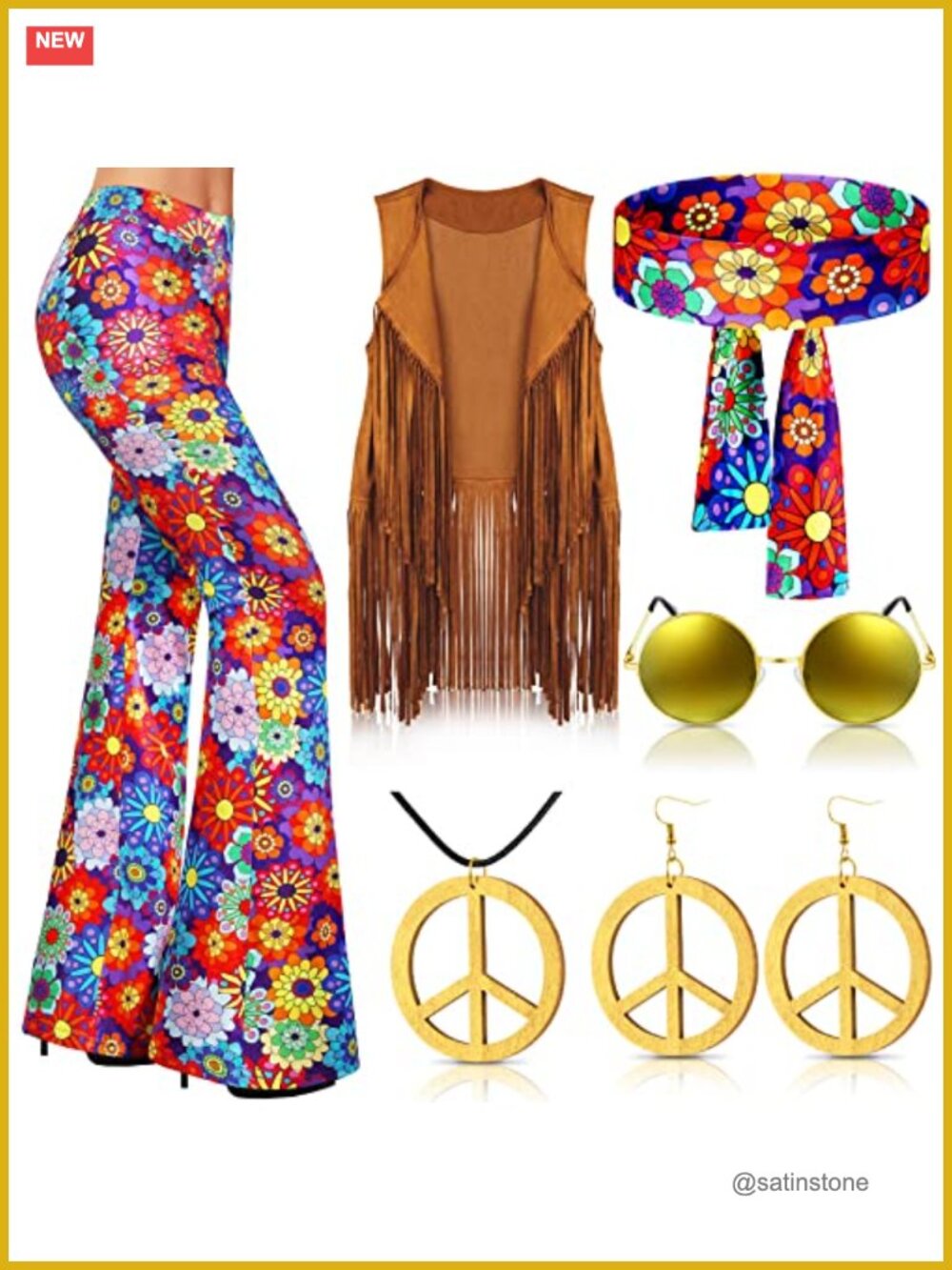 7 Pc 60s 70s Hippie Costume Set Fringe Vest Flared Pants Peace Sign